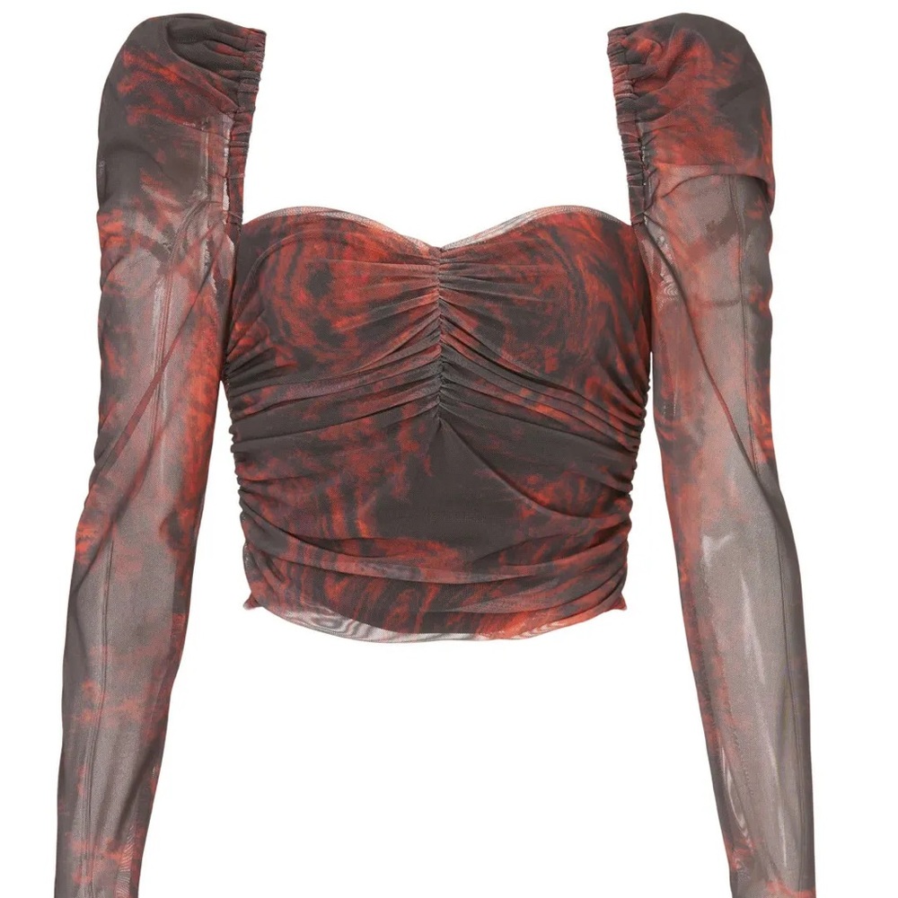 Striking Red and Black Long Sleeve Ruched Crop Blouse